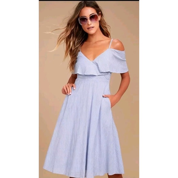 Lulus | Size L | Off the Shoulder Blue & White Striped Flowy Woven Dress Lined - Picture 2 of 15
